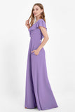 Deep V Neck Chiffon Bridesmaid Dress Flutter Sleeves Formal Evening Dresses Gowns with Slit
