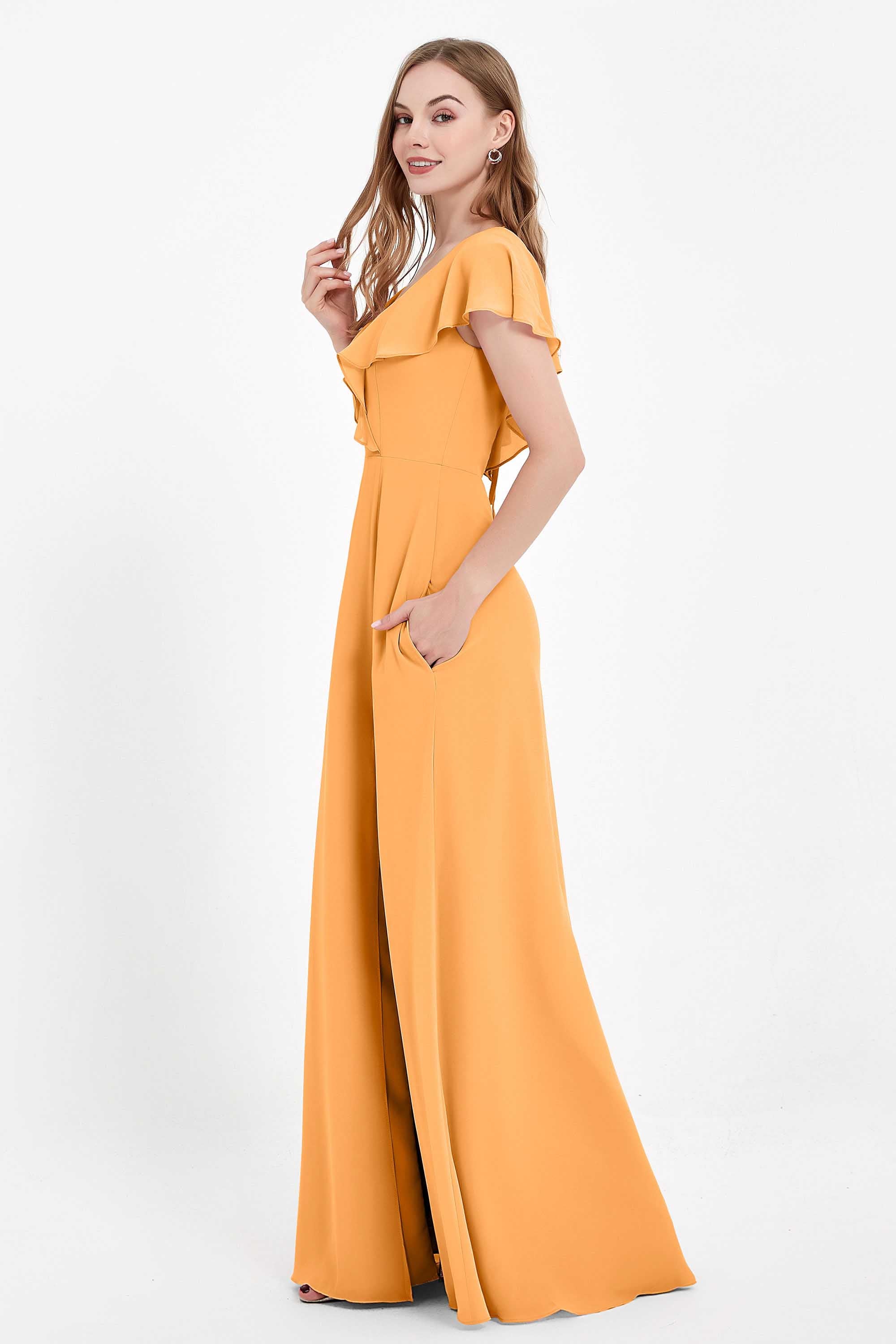 Deep V Neck Chiffon Bridesmaid Dress Flutter Sleeves Formal Evening Dresses Gowns with Slit