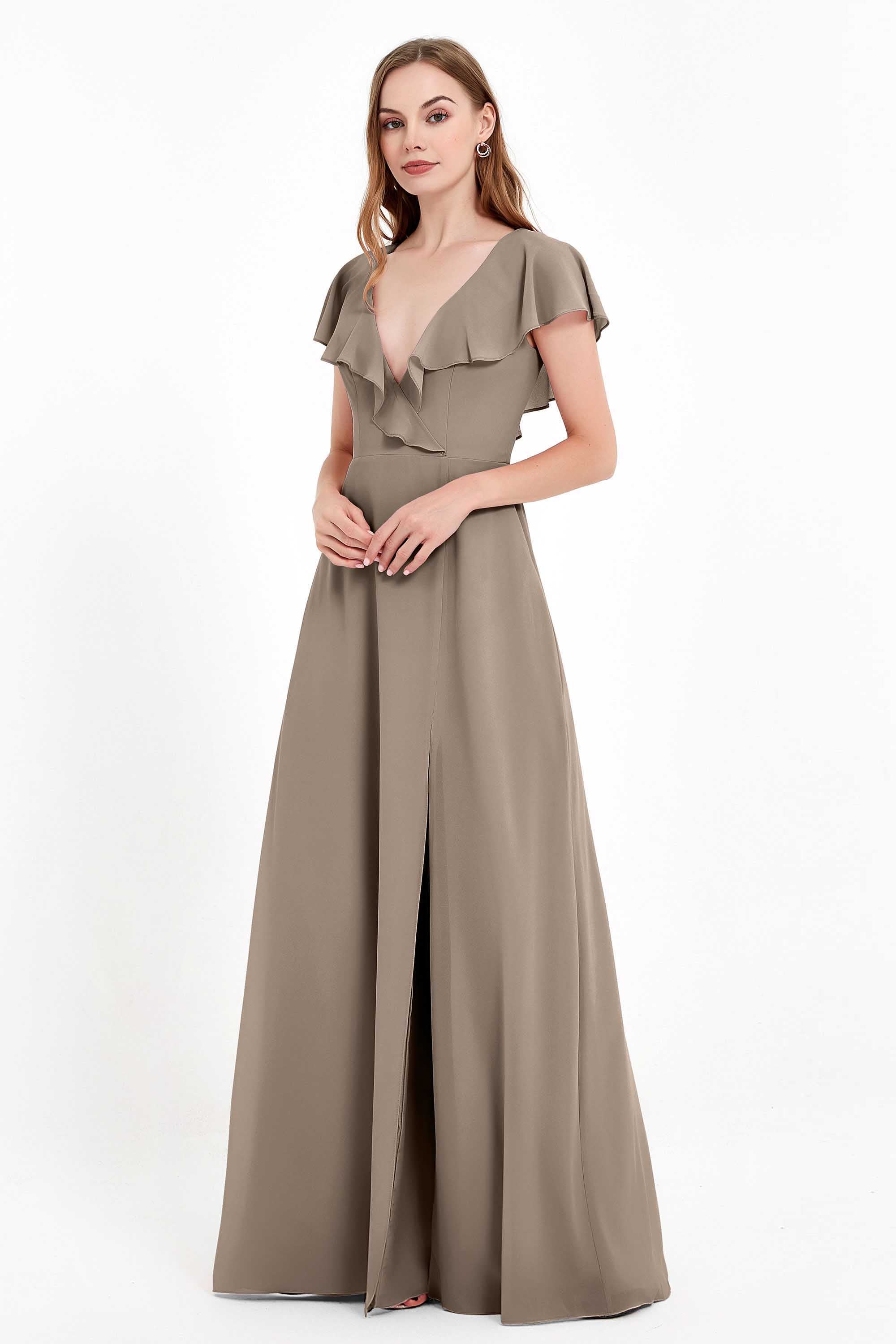 Deep V Neck Chiffon Bridesmaid Dress Flutter Sleeves Formal Evening Dresses Gowns with Slit
