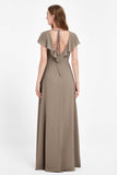Deep V Neck Chiffon Bridesmaid Dress Flutter Sleeves Formal Evening Dresses Gowns with Slit