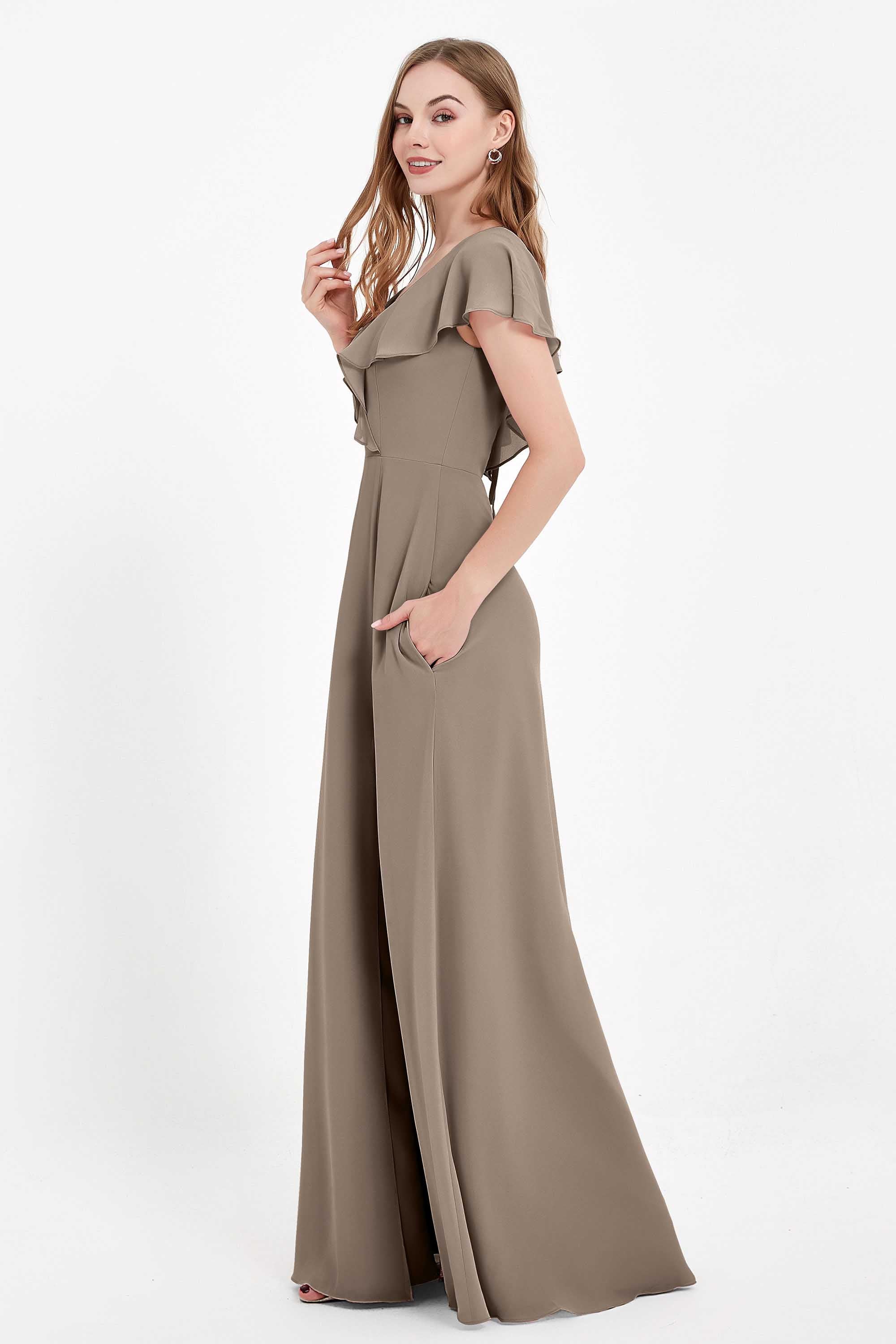 Deep V Neck Chiffon Bridesmaid Dress Flutter Sleeves Formal Evening Dresses Gowns with Slit