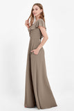 Deep V Neck Chiffon Bridesmaid Dress Flutter Sleeves Formal Evening Dresses Gowns with Slit