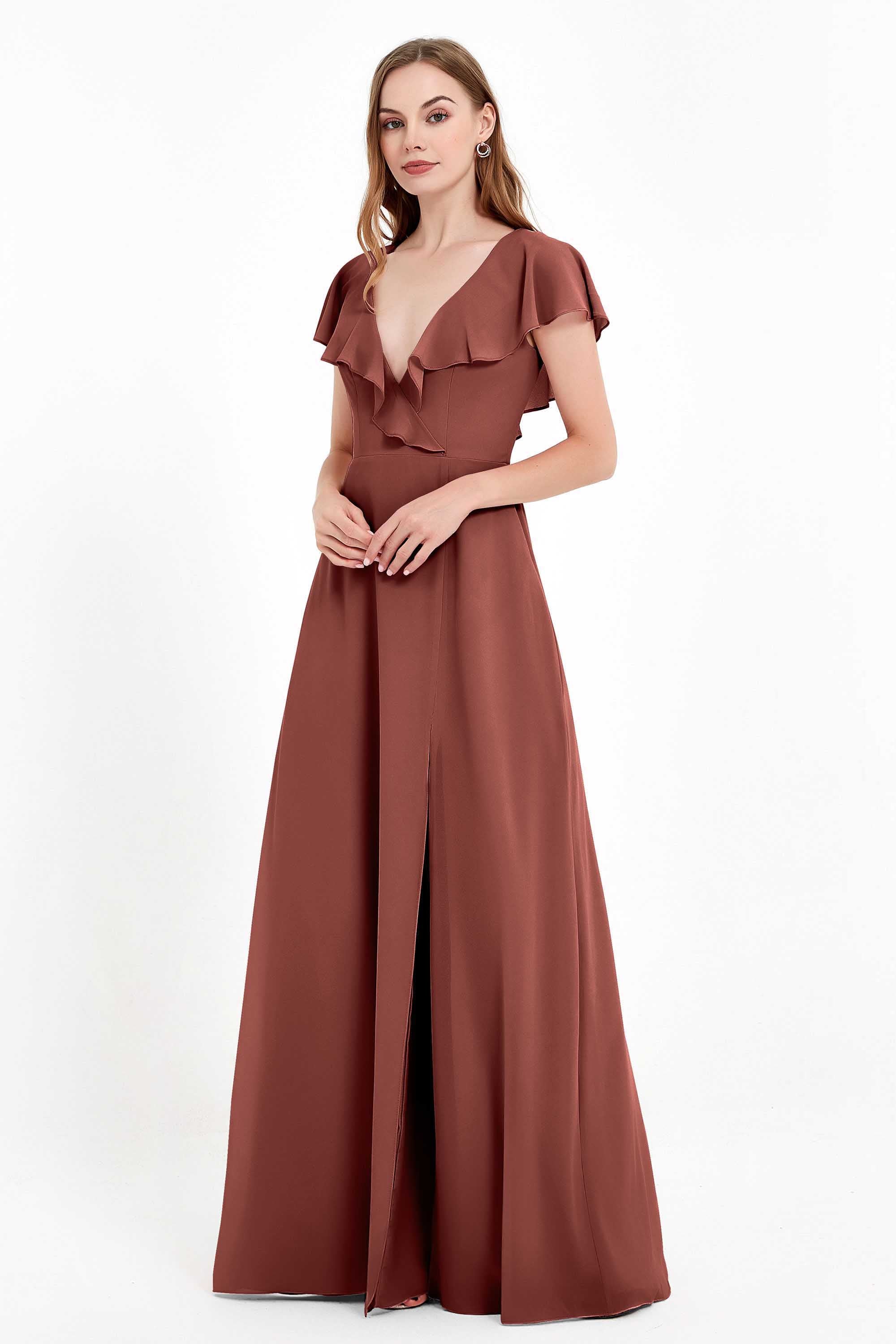 Deep V Neck Chiffon Bridesmaid Dress Flutter Sleeves Formal Evening Dresses Gowns with Slit