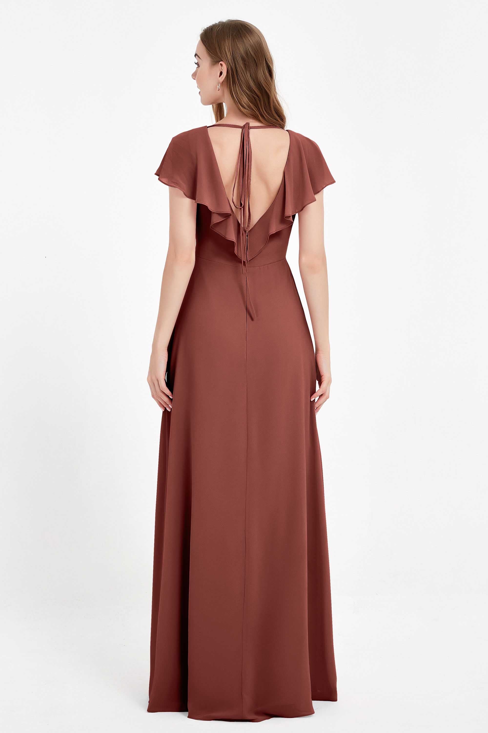 Deep V Neck Chiffon Bridesmaid Dress Flutter Sleeves Formal Evening Dresses Gowns with Slit