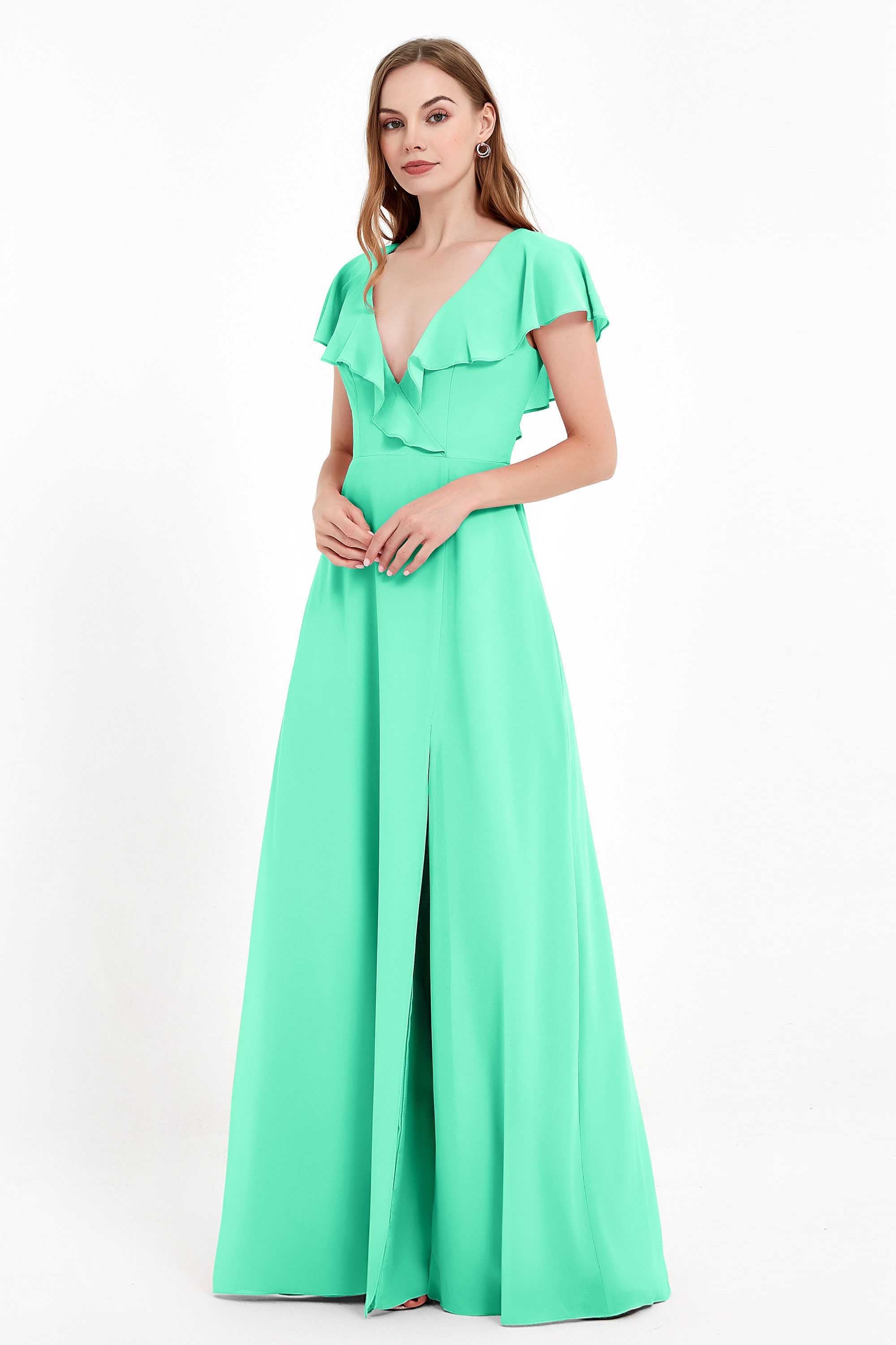 Deep V Neck Chiffon Bridesmaid Dress Flutter Sleeves Formal Evening Dresses Gowns with Slit