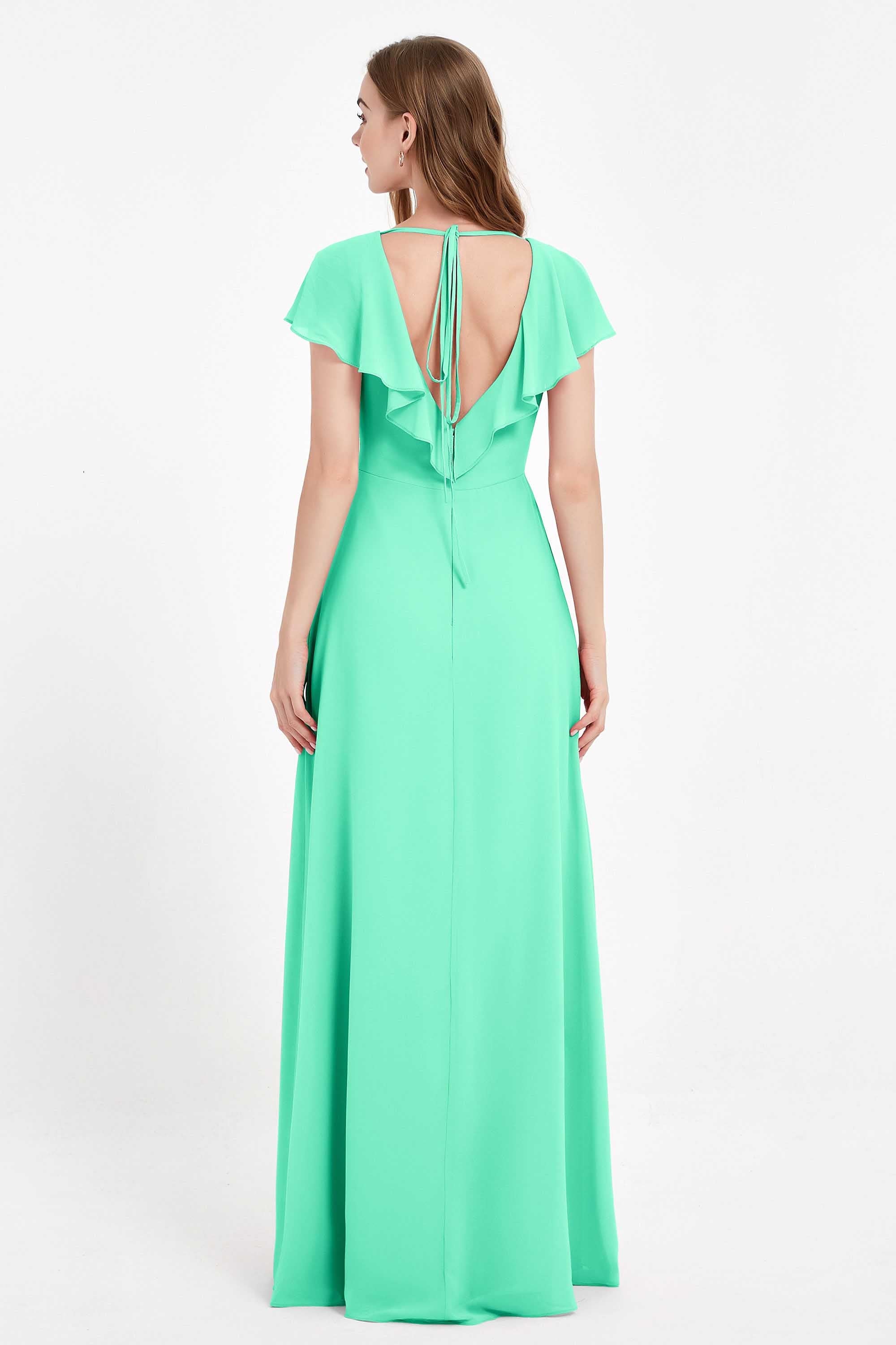 Deep V Neck Chiffon Bridesmaid Dress Flutter Sleeves Formal Evening Dresses Gowns with Slit