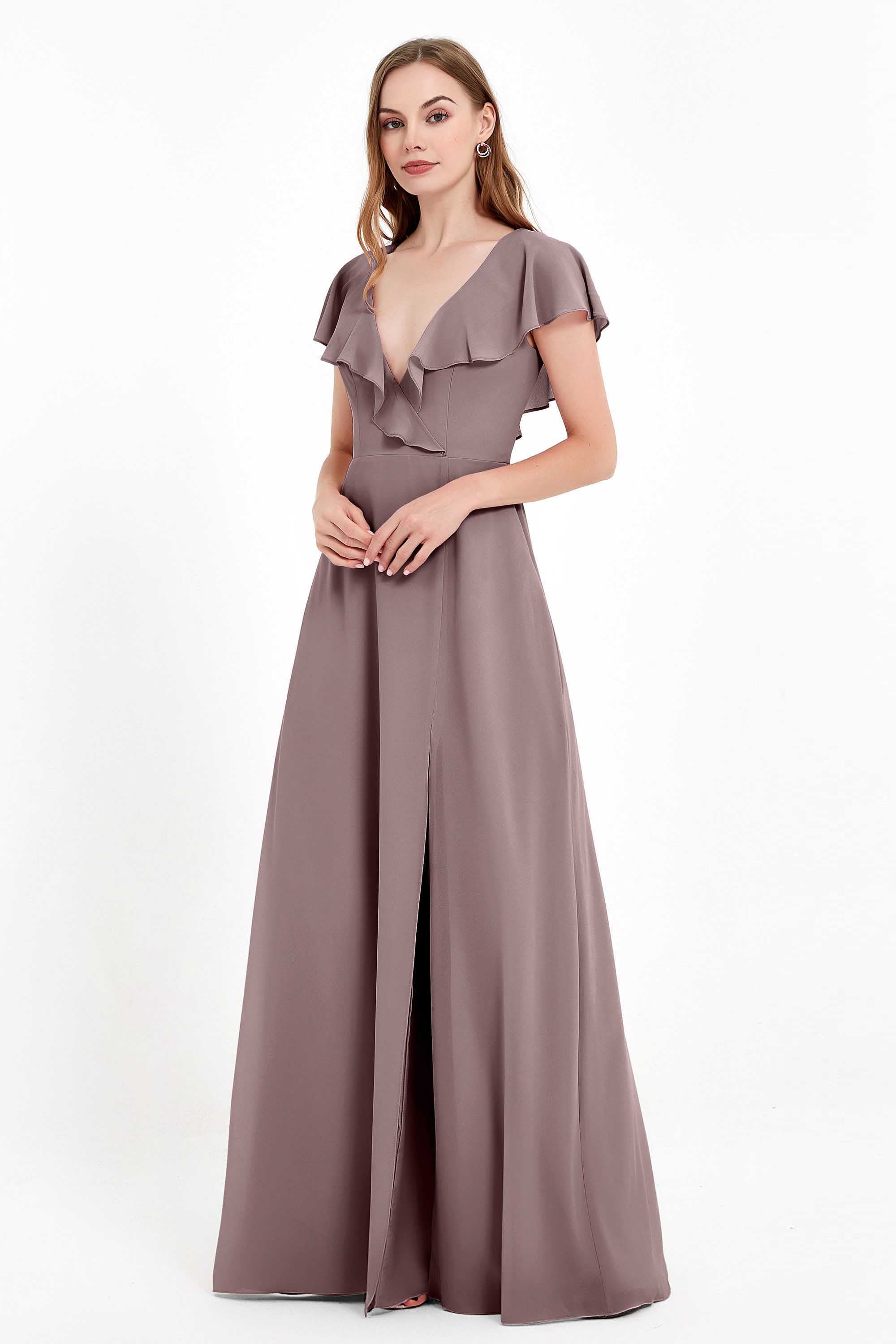 Deep V Neck Chiffon Bridesmaid Dress Flutter Sleeves Formal Evening Dresses Gowns with Slit