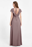 Deep V Neck Chiffon Bridesmaid Dress Flutter Sleeves Formal Evening Dresses Gowns with Slit