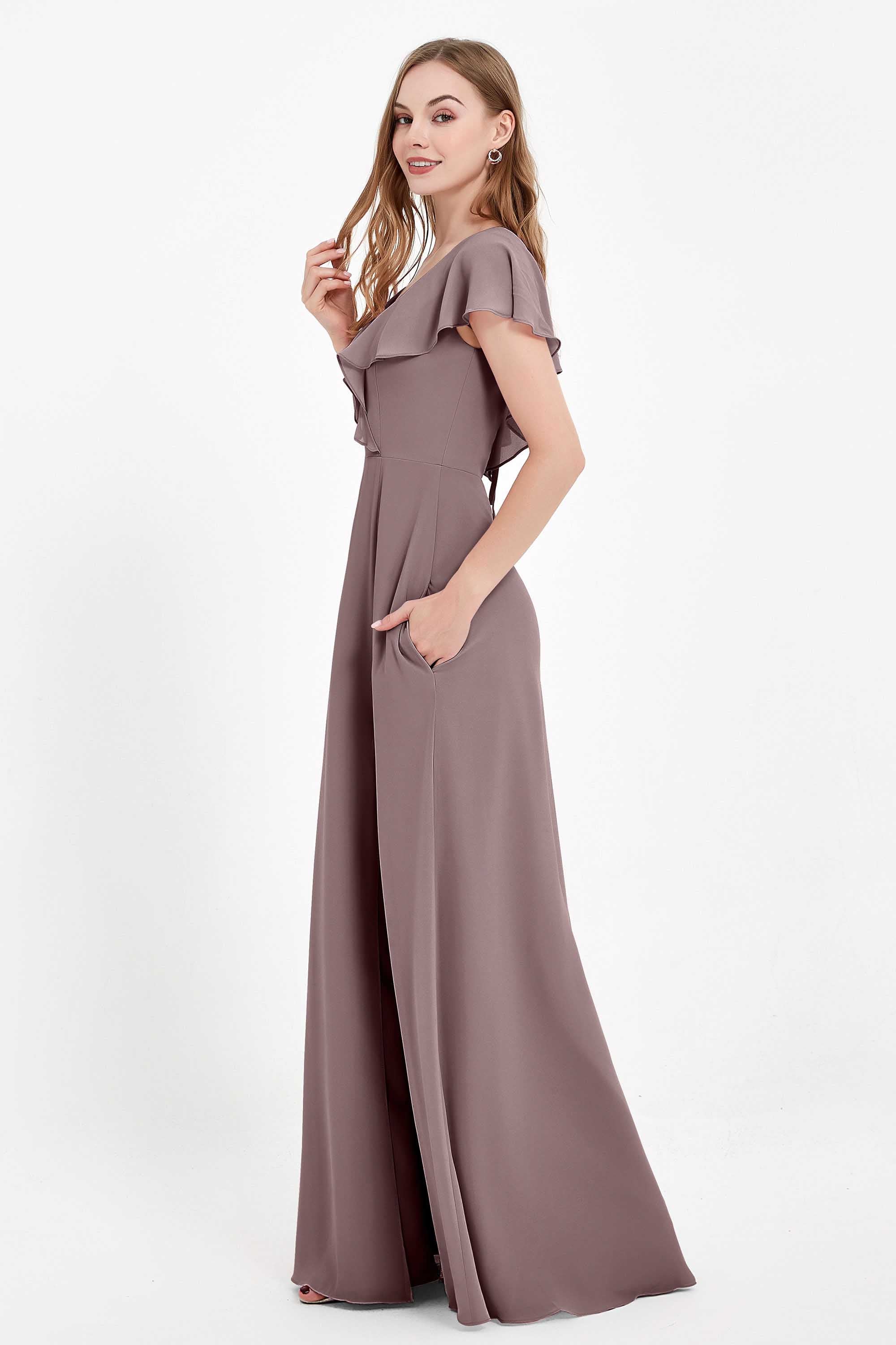 Deep V Neck Chiffon Bridesmaid Dress Flutter Sleeves Formal Evening Dresses Gowns with Slit