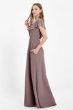 Deep V Neck Chiffon Bridesmaid Dress Flutter Sleeves Formal Evening Dresses Gowns with Slit
