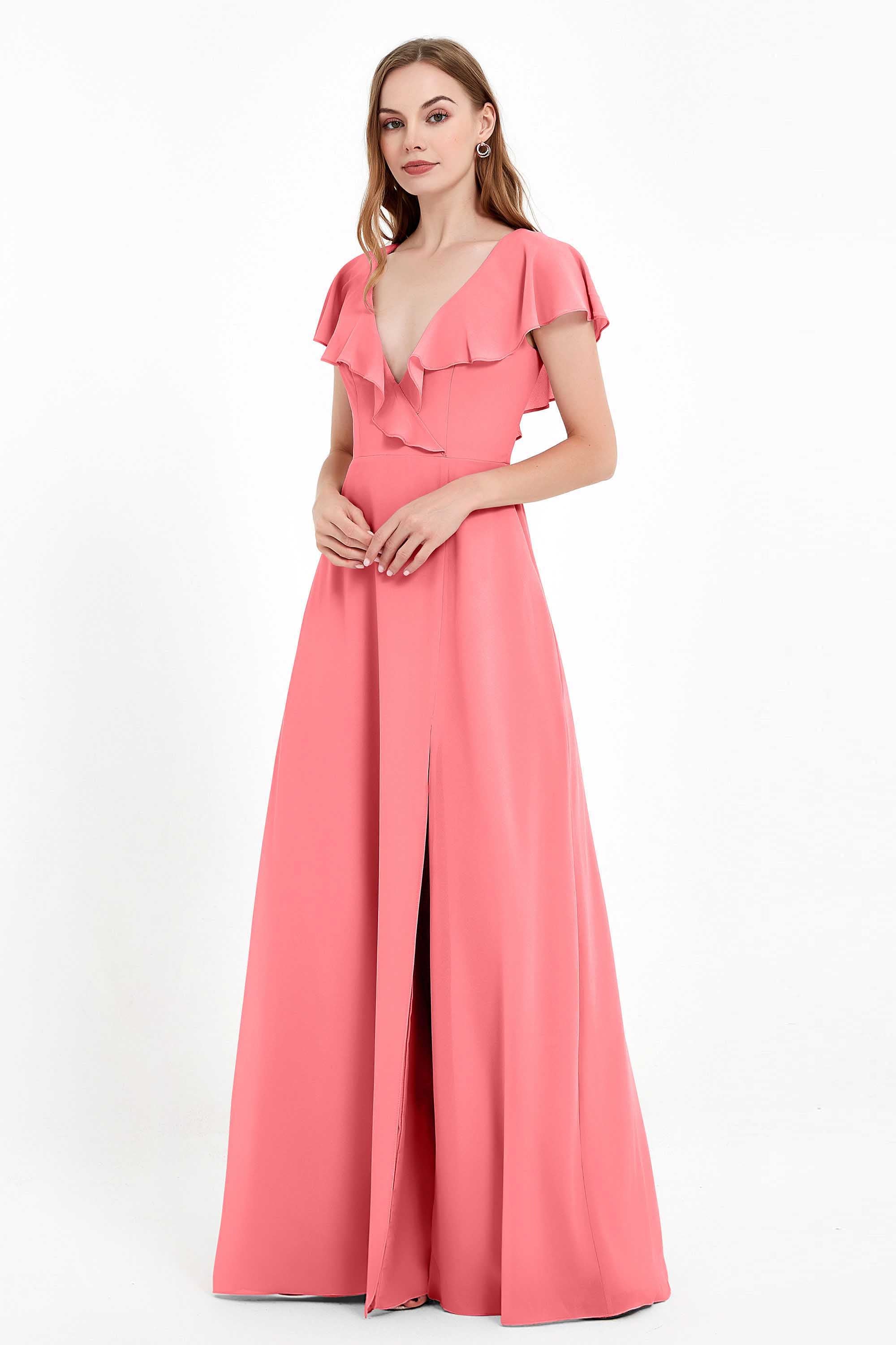 Deep V Neck Chiffon Bridesmaid Dress Flutter Sleeves Formal Evening Dresses Gowns with Slit