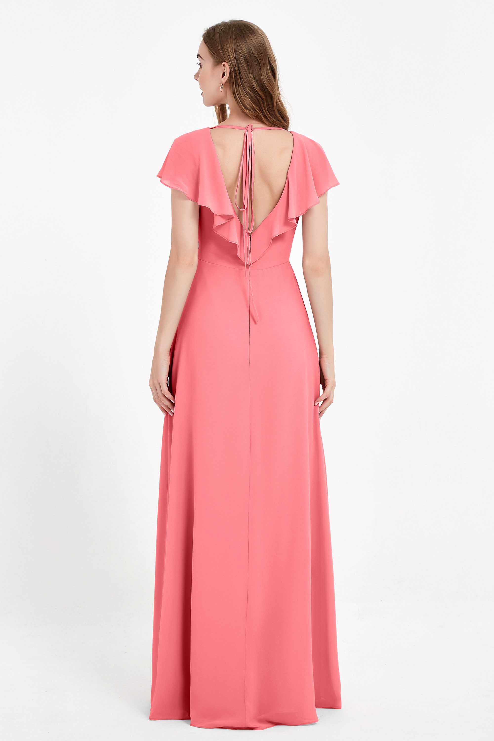 Deep V Neck Chiffon Bridesmaid Dress Flutter Sleeves Formal Evening Dresses Gowns with Slit