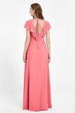 Deep V Neck Chiffon Bridesmaid Dress Flutter Sleeves Formal Evening Dresses Gowns with Slit