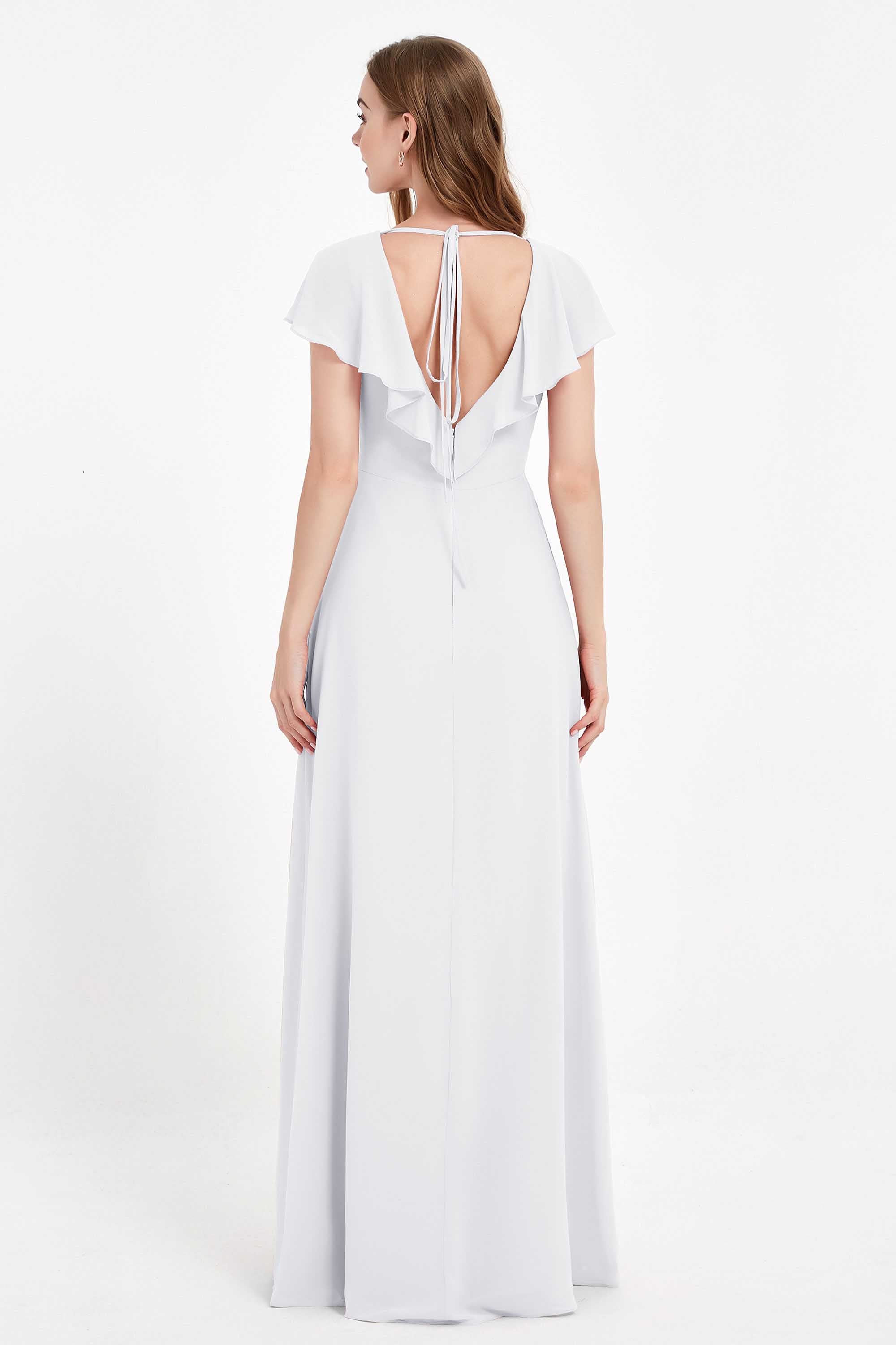 Deep V Neck Chiffon Bridesmaid Dress Flutter Sleeves Formal Evening Dresses Gowns with Slit