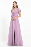 Deep V Neck Chiffon Bridesmaid Dress Flutter Sleeves Formal Evening Dresses Gowns with Slit