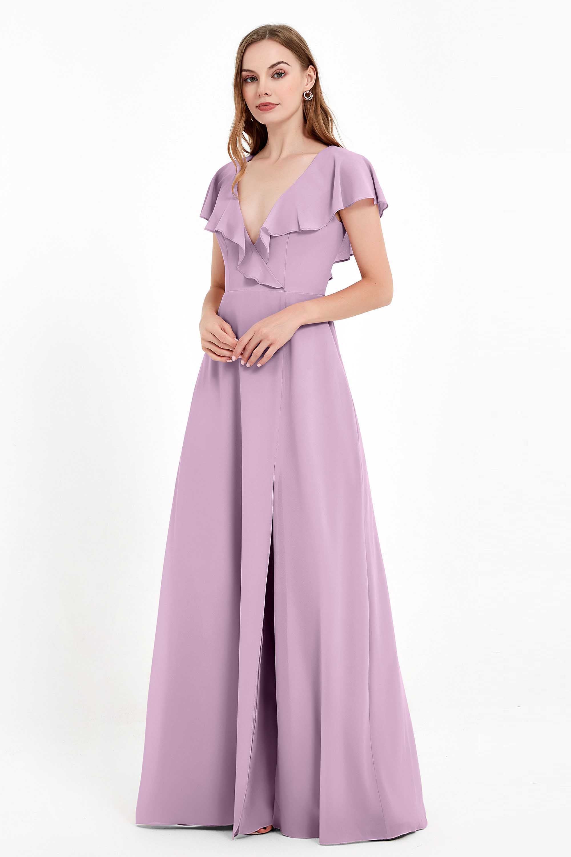 Deep V Neck Chiffon Bridesmaid Dress Flutter Sleeves Formal Evening Dresses Gowns with Slit