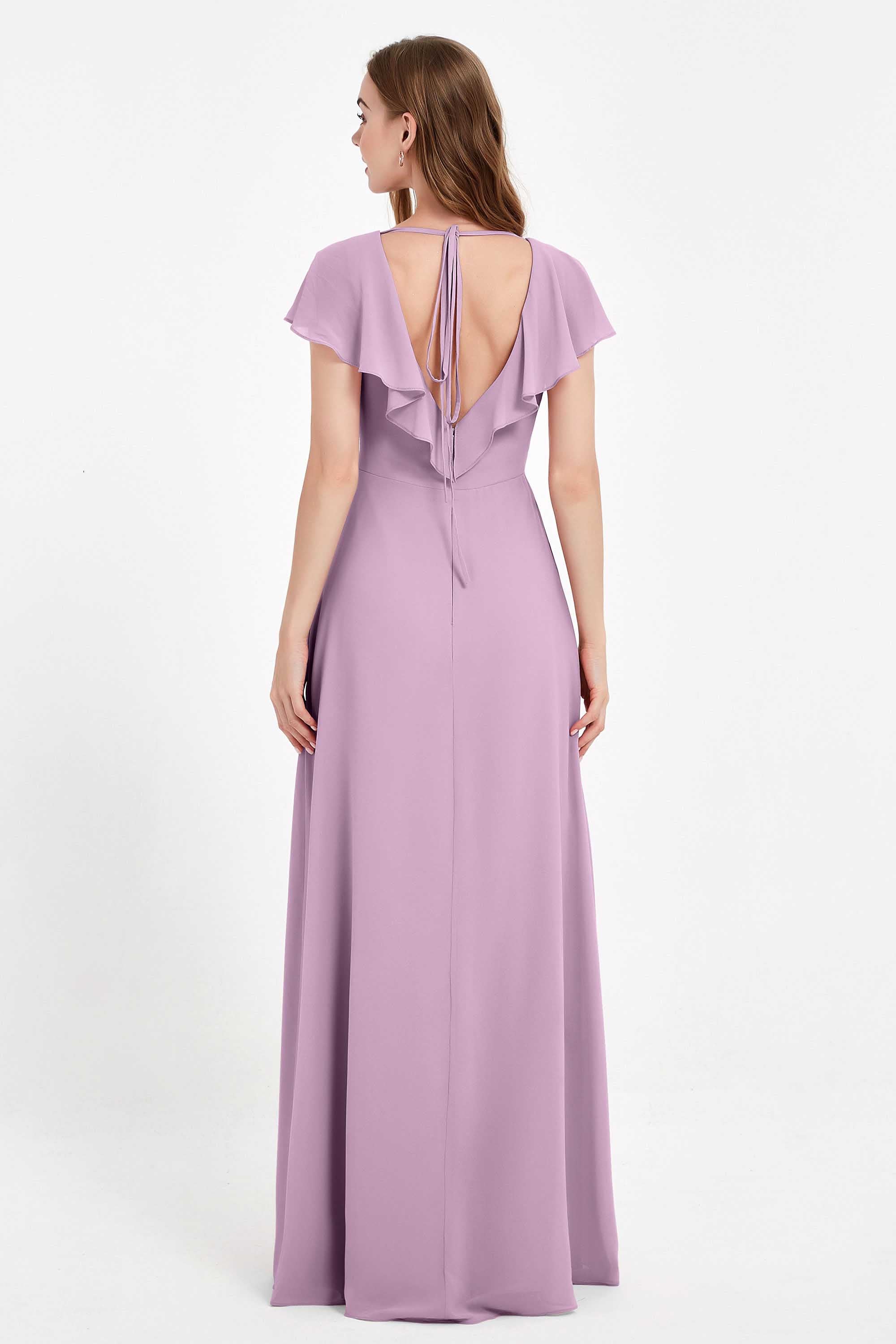 Deep V Neck Chiffon Bridesmaid Dress Flutter Sleeves Formal Evening Dresses Gowns with Slit