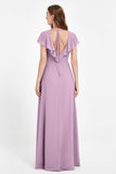 Deep V Neck Chiffon Bridesmaid Dress Flutter Sleeves Formal Evening Dresses Gowns with Slit