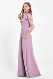 Deep V Neck Chiffon Bridesmaid Dress Flutter Sleeves Formal Evening Dresses Gowns with Slit