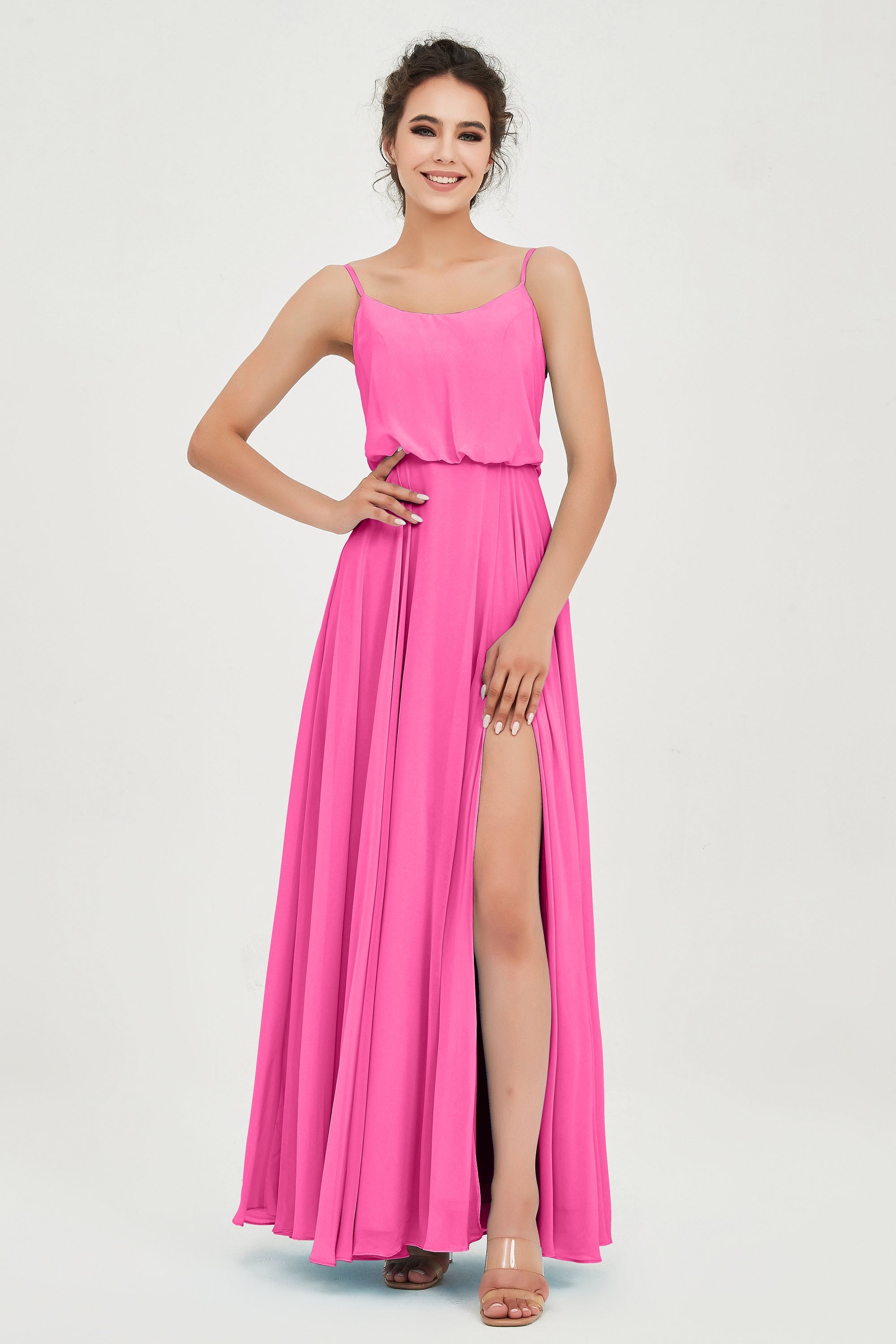 Spaghetti Straps Chiffon A Line Bridesmaid Dress Long Ruched Formal Evening Dresses with Slit