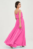 Spaghetti Straps Chiffon A Line Bridesmaid Dress Long Ruched Formal Evening Dresses with Slit