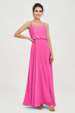 Spaghetti Straps Chiffon A Line Bridesmaid Dress Long Ruched Formal Evening Dresses with Slit
