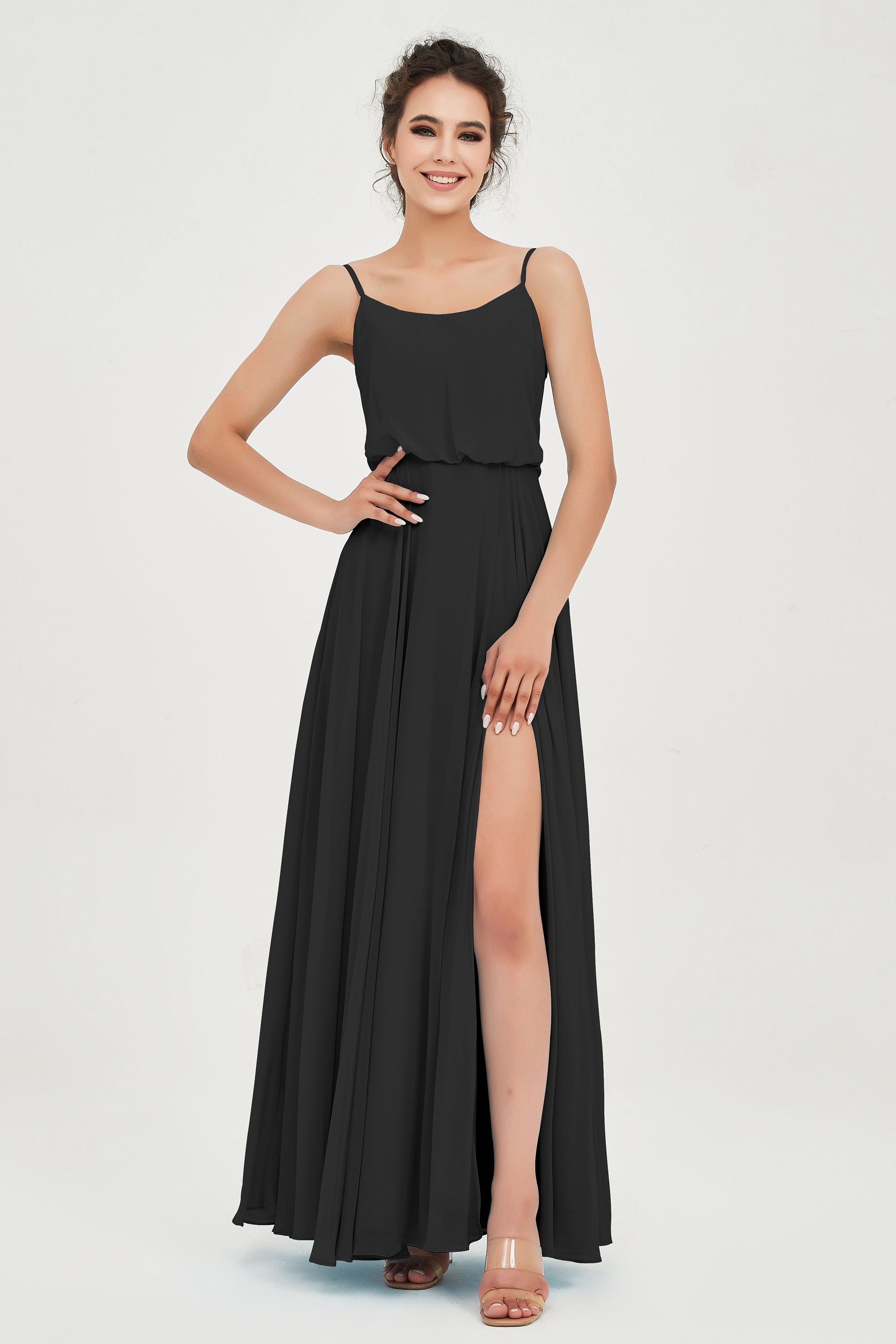 Spaghetti Straps Chiffon A Line Bridesmaid Dress Long Ruched Formal Evening Dresses with Slit