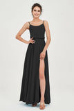 Spaghetti Straps Chiffon A Line Bridesmaid Dress Long Ruched Formal Evening Dresses with Slit