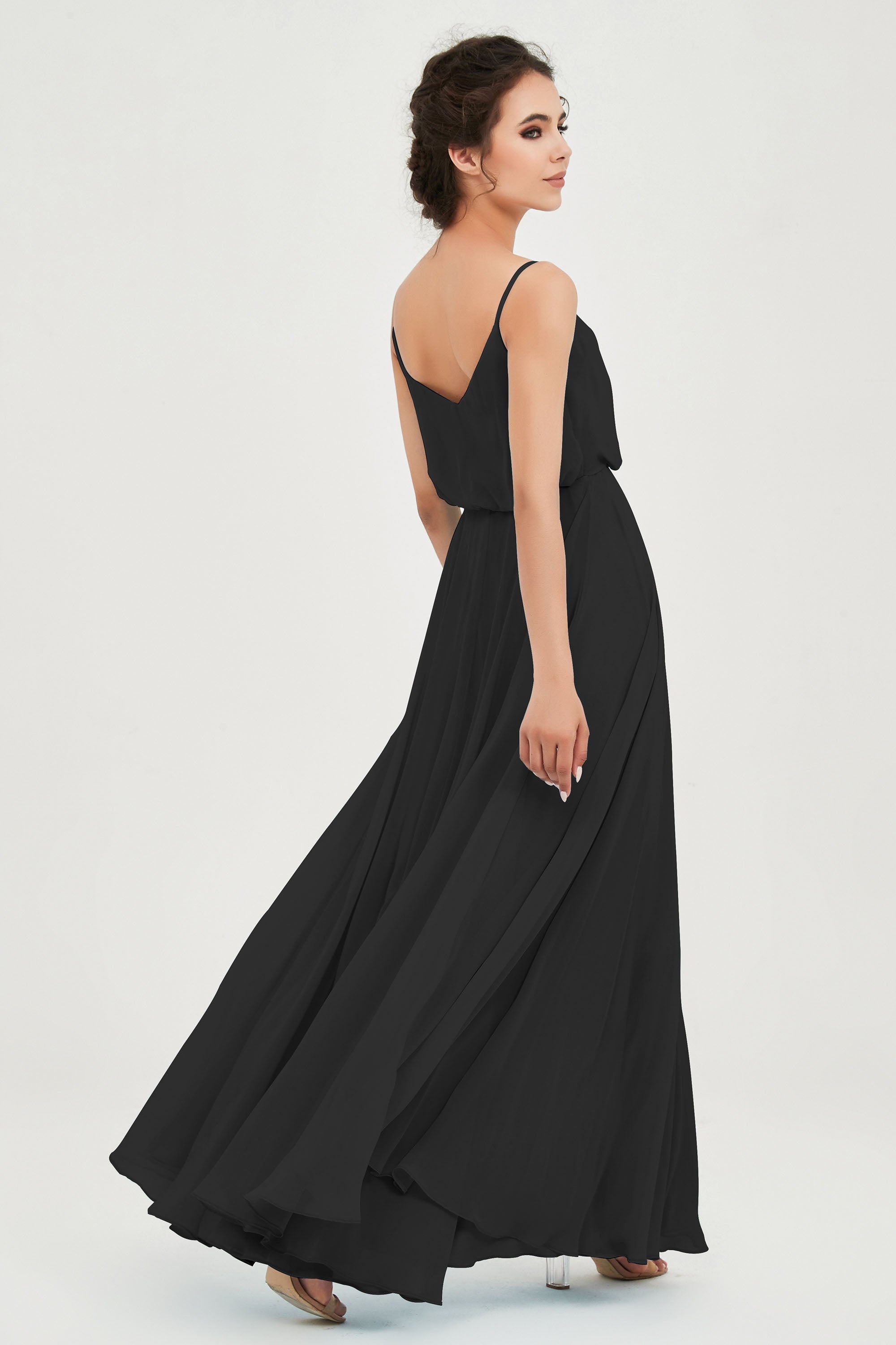 Spaghetti Straps Chiffon A Line Bridesmaid Dress Long Ruched Formal Evening Dresses with Slit