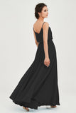 Spaghetti Straps Chiffon A Line Bridesmaid Dress Long Ruched Formal Evening Dresses with Slit