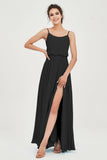 Spaghetti Straps Chiffon A Line Bridesmaid Dress Long Ruched Formal Evening Dresses with Slit