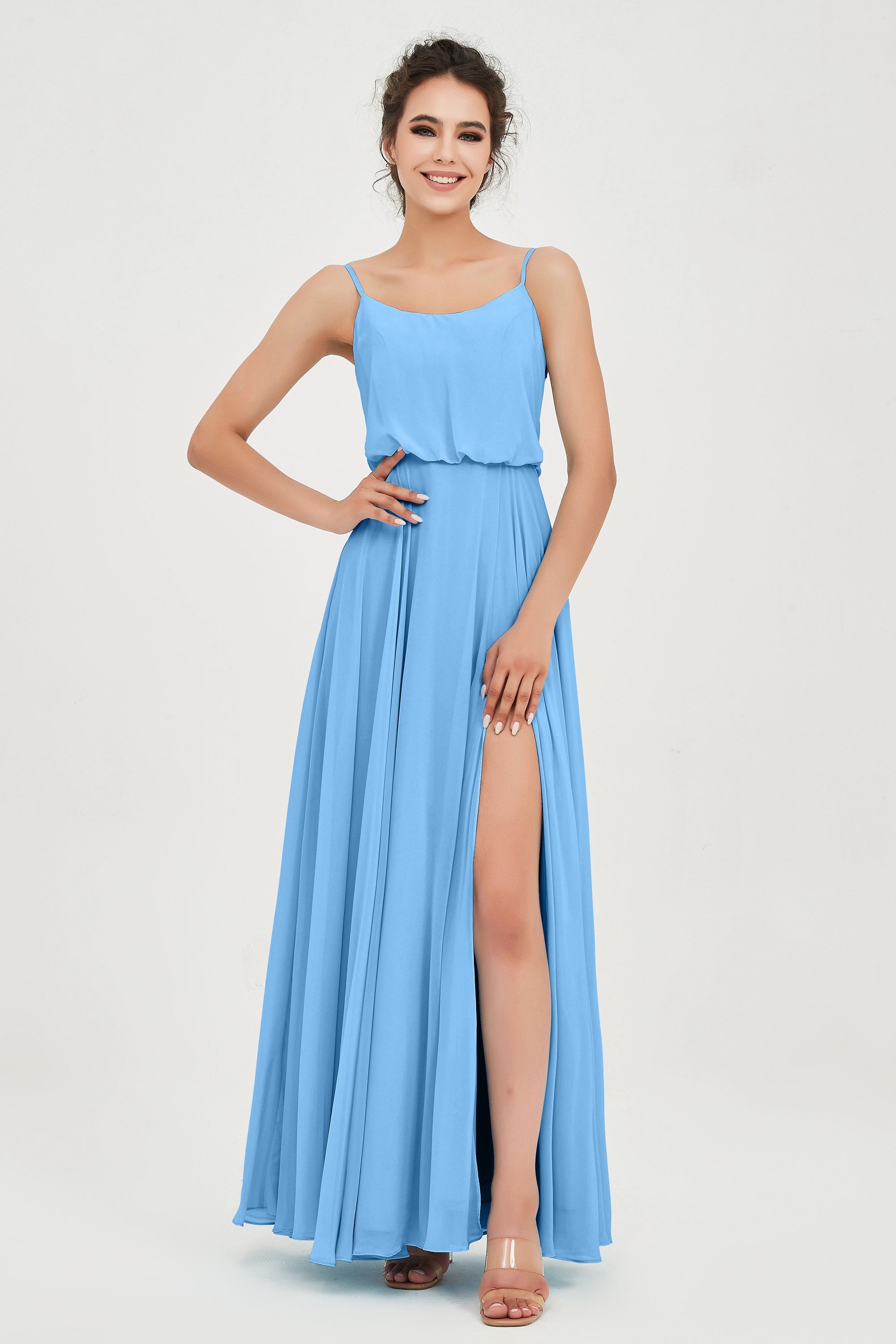 Spaghetti Straps Chiffon A Line Bridesmaid Dress Long Ruched Formal Evening Dresses with Slit