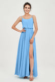 Spaghetti Straps Chiffon A Line Bridesmaid Dress Long Ruched Formal Evening Dresses with Slit