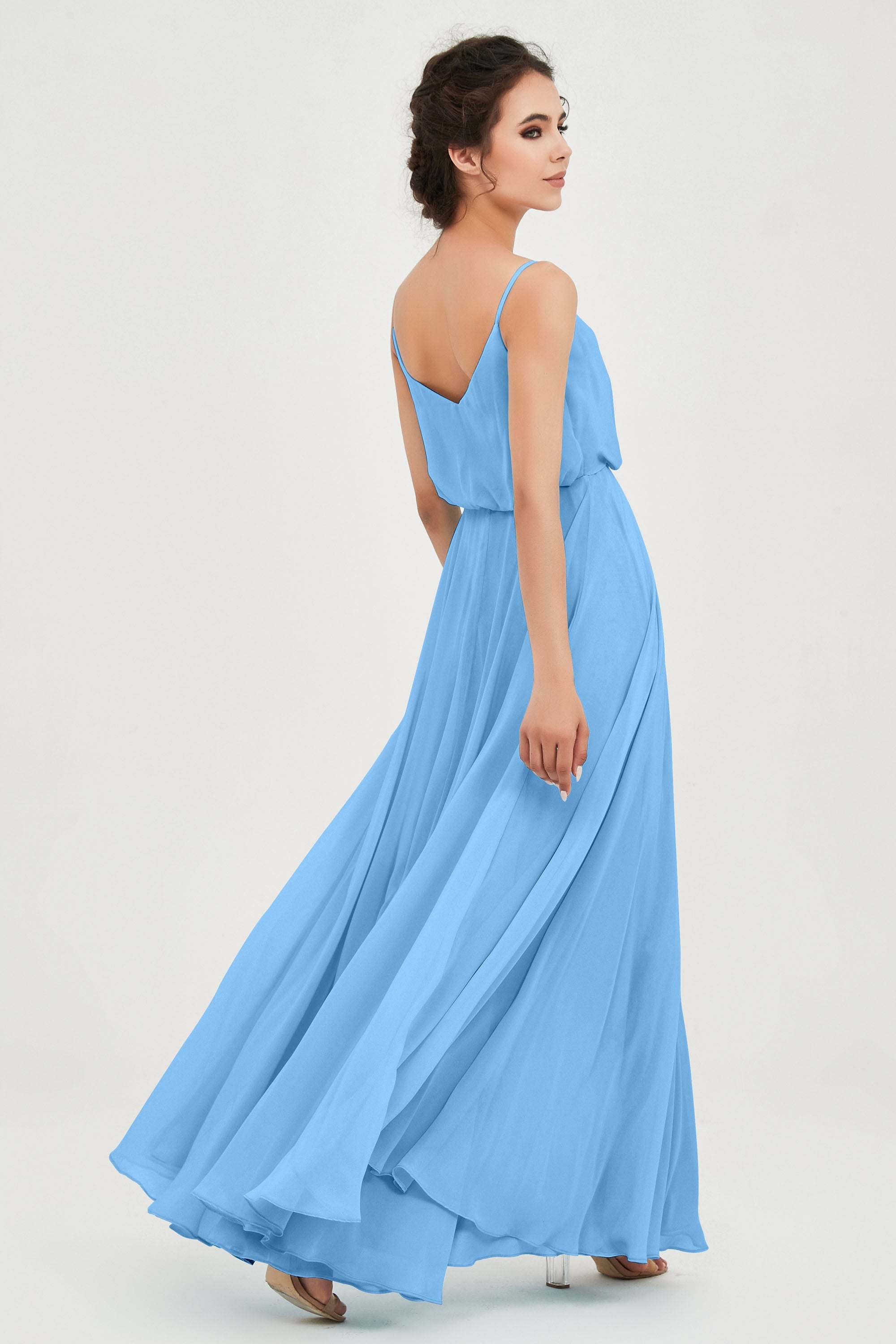 Spaghetti Straps Chiffon A Line Bridesmaid Dress Long Ruched Formal Evening Dresses with Slit