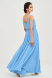 Spaghetti Straps Chiffon A Line Bridesmaid Dress Long Ruched Formal Evening Dresses with Slit