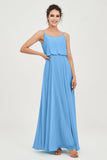 Spaghetti Straps Chiffon A Line Bridesmaid Dress Long Ruched Formal Evening Dresses with Slit