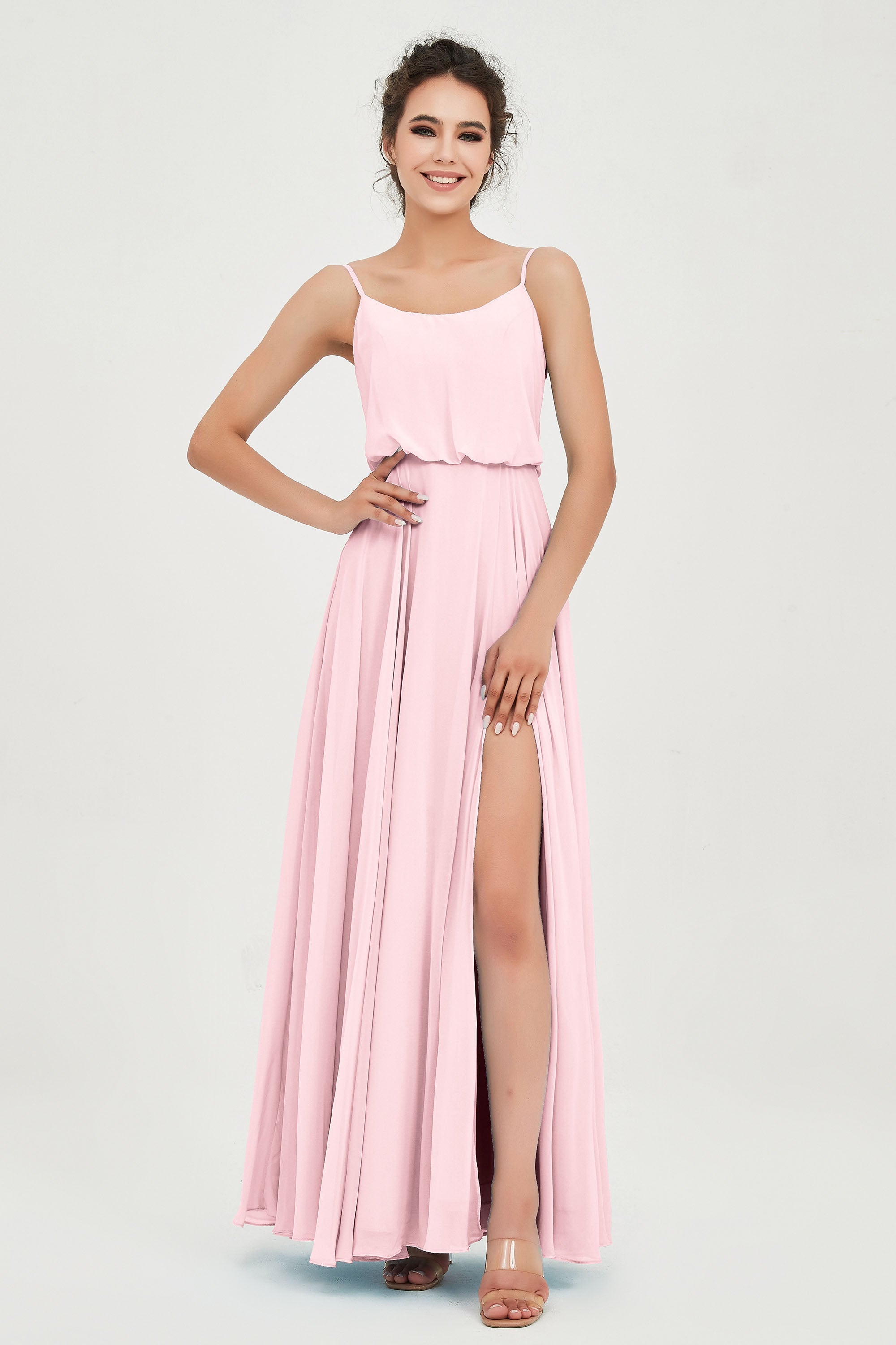 Spaghetti Straps Chiffon A Line Bridesmaid Dress Long Ruched Formal Evening Dresses with Slit
