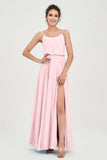 Spaghetti Straps Chiffon A Line Bridesmaid Dress Long Ruched Formal Evening Dresses with Slit