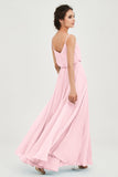 Spaghetti Straps Chiffon A Line Bridesmaid Dress Long Ruched Formal Evening Dresses with Slit