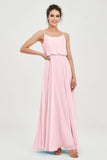 Spaghetti Straps Chiffon A Line Bridesmaid Dress Long Ruched Formal Evening Dresses with Slit
