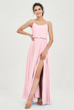 Spaghetti Straps Chiffon A Line Bridesmaid Dress Long Ruched Formal Evening Dresses with Slit