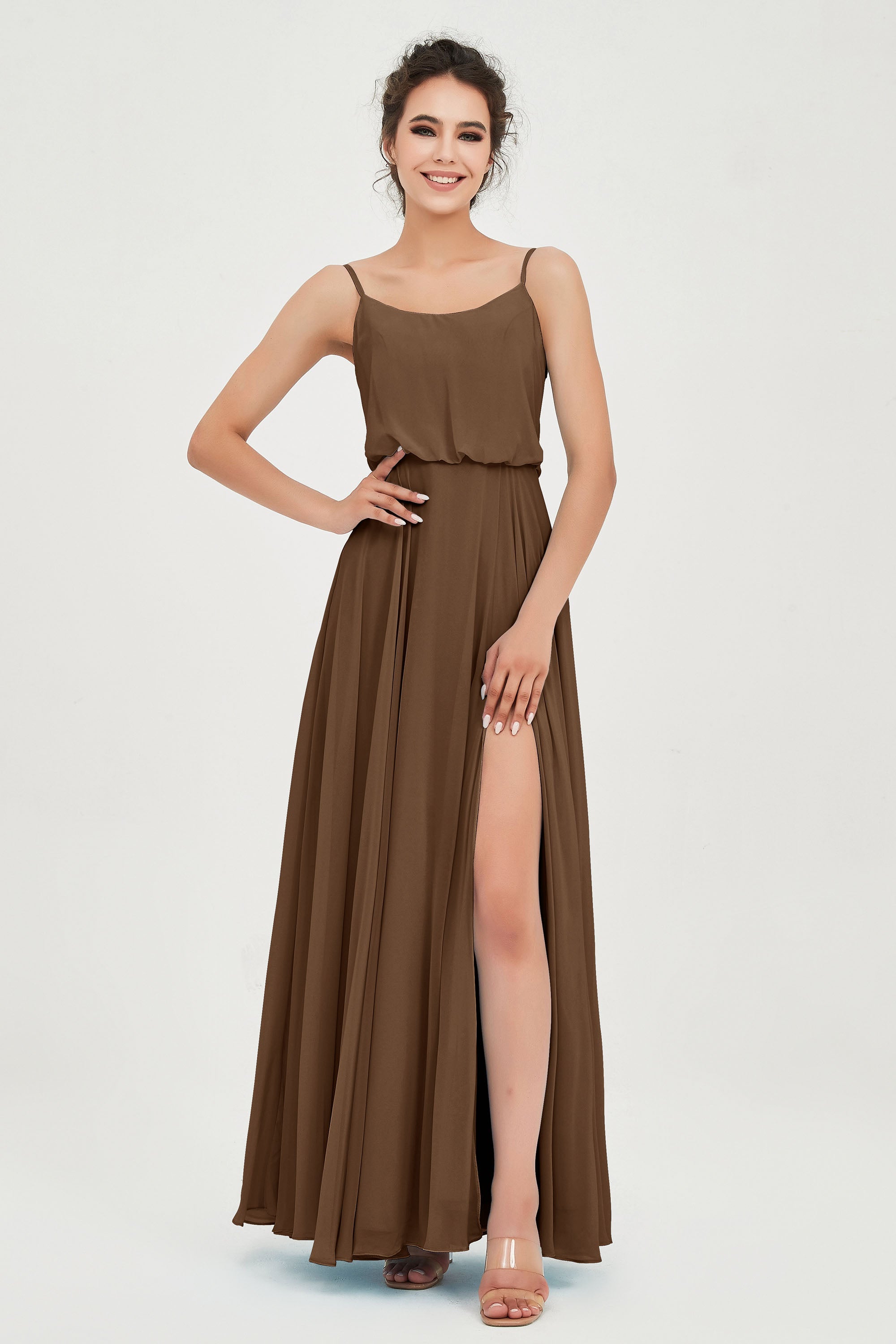 Spaghetti Straps Chiffon A Line Bridesmaid Dress Long Ruched Formal Evening Dresses with Slit