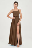 Spaghetti Straps Chiffon A Line Bridesmaid Dress Long Ruched Formal Evening Dresses with Slit