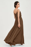 Spaghetti Straps Chiffon A Line Bridesmaid Dress Long Ruched Formal Evening Dresses with Slit