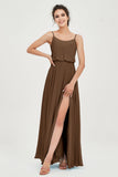 Spaghetti Straps Chiffon A Line Bridesmaid Dress Long Ruched Formal Evening Dresses with Slit