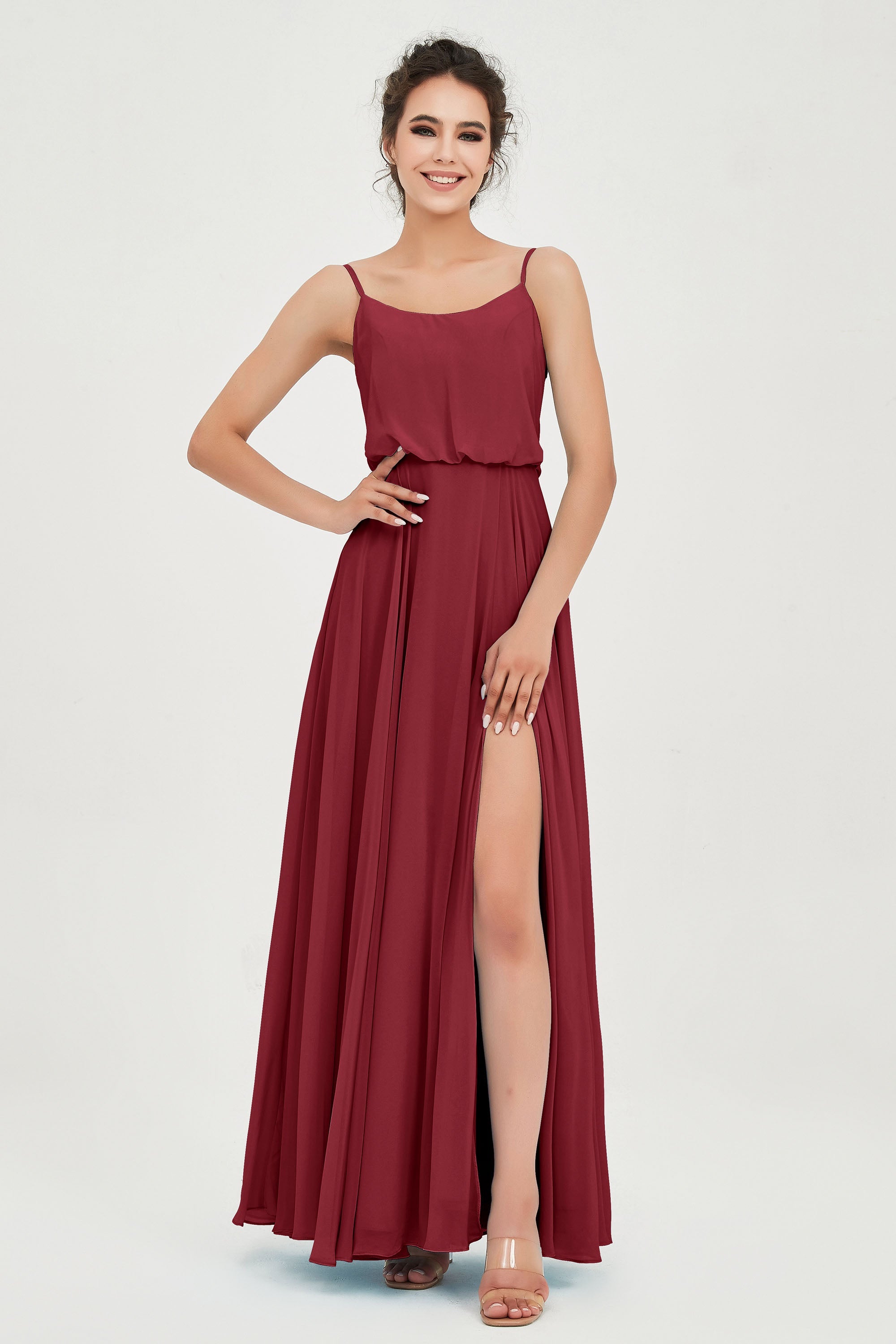 Spaghetti Straps Chiffon A Line Bridesmaid Dress Long Ruched Formal Evening Dresses with Slit