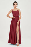 Spaghetti Straps Chiffon A Line Bridesmaid Dress Long Ruched Formal Evening Dresses with Slit