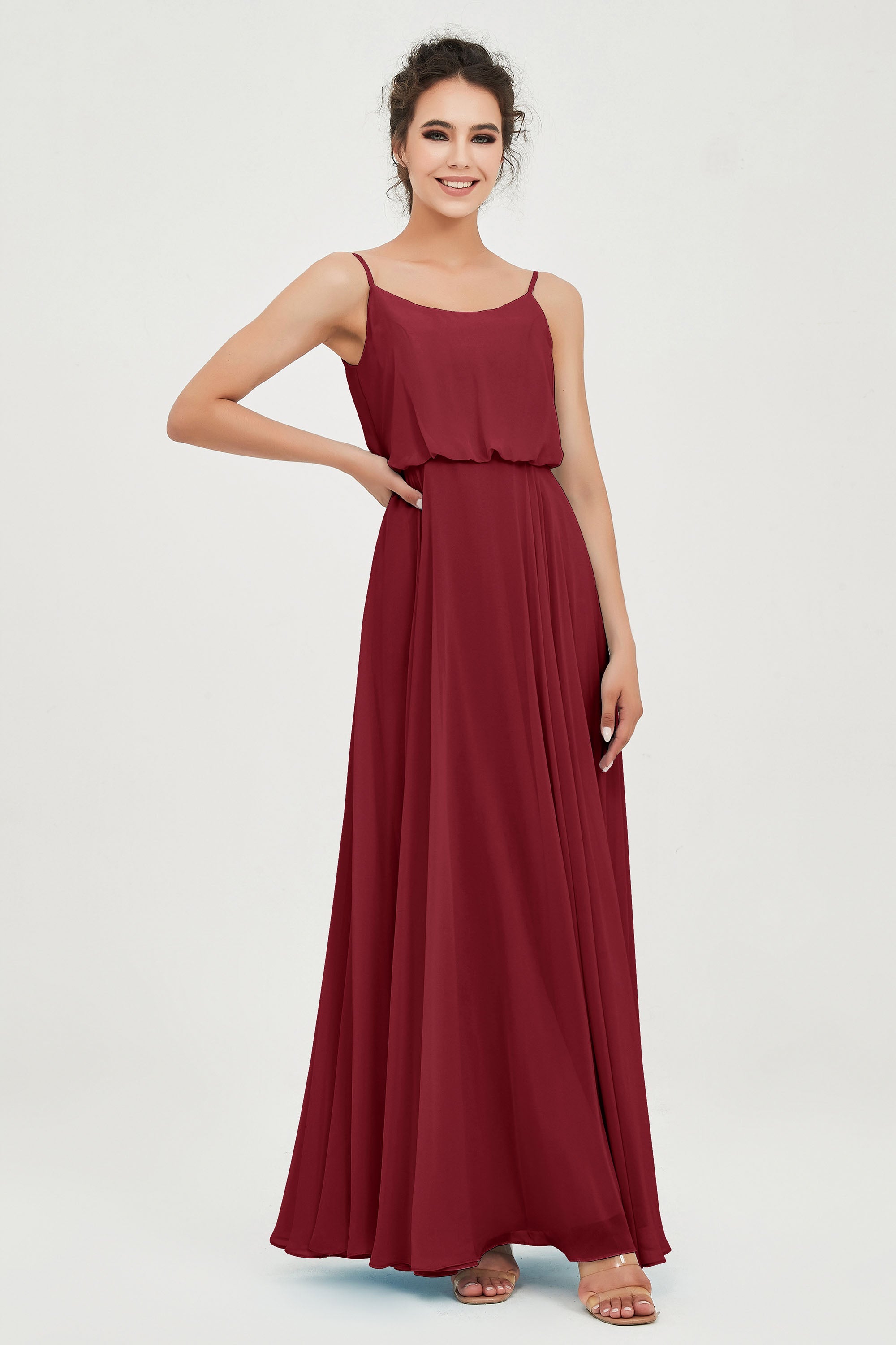 Spaghetti Straps Chiffon A Line Bridesmaid Dress Long Ruched Formal Evening Dresses with Slit