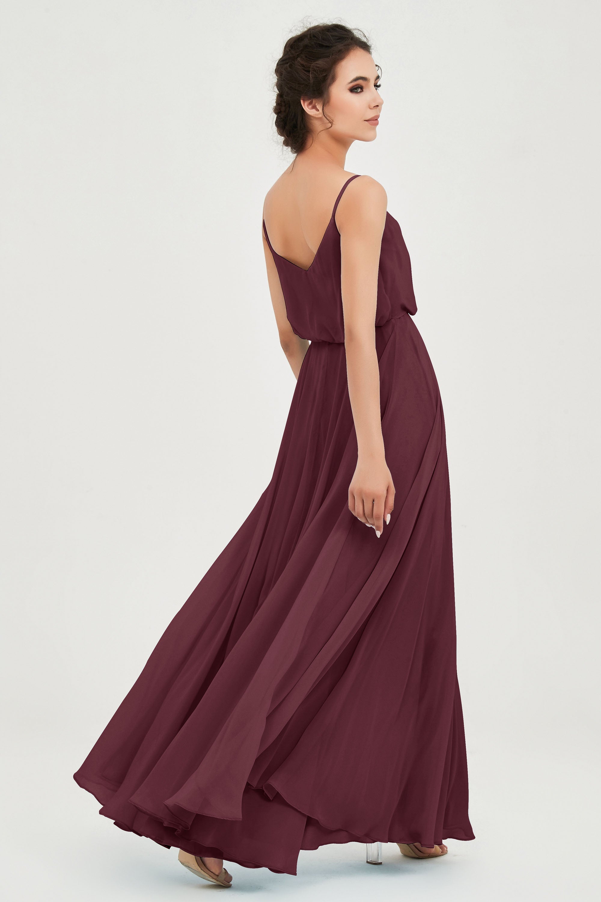 Spaghetti Straps Chiffon A Line Bridesmaid Dress Long Ruched Formal Evening Dresses with Slit