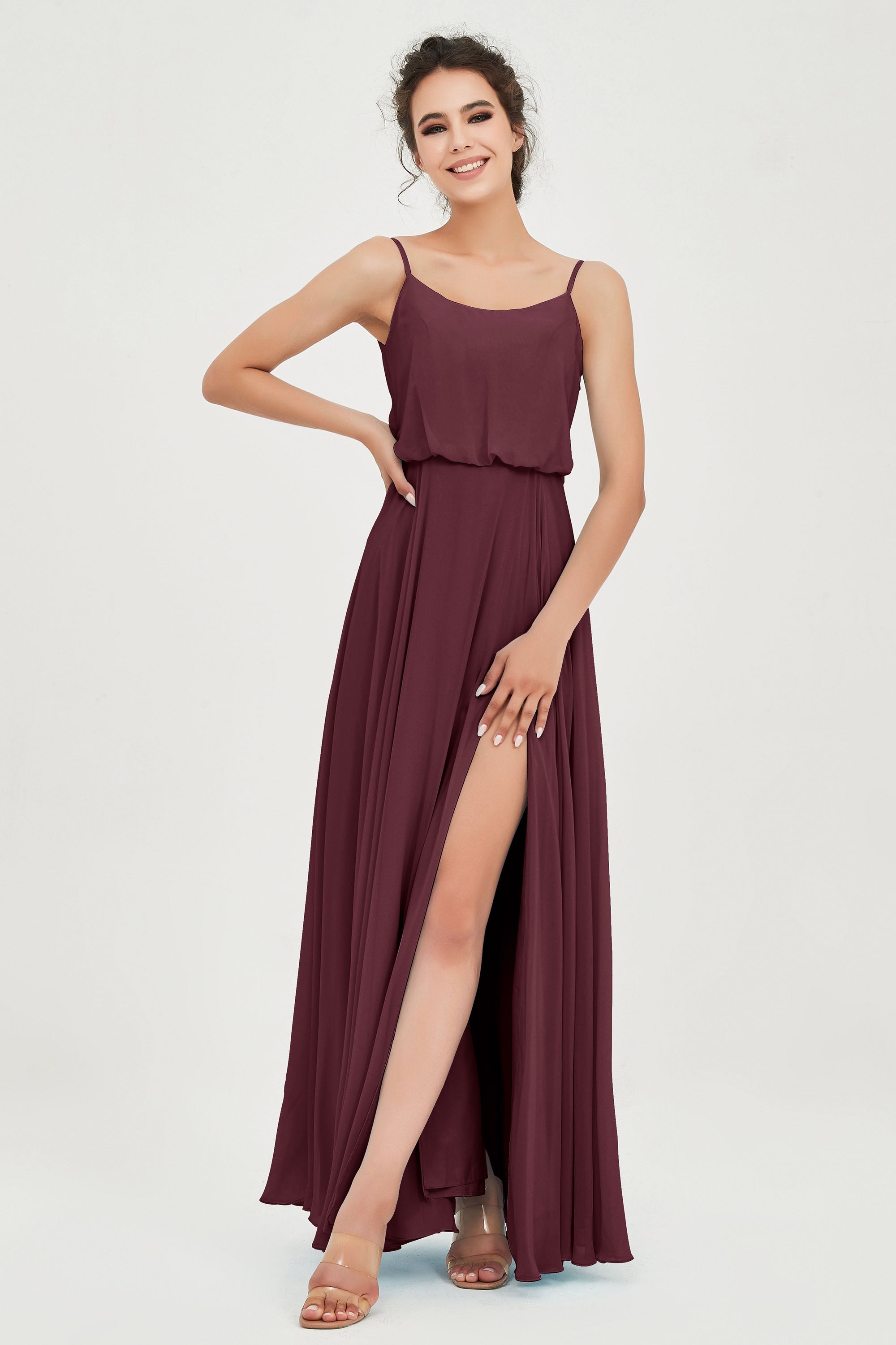 Spaghetti Straps Chiffon A Line Bridesmaid Dress Long Ruched Formal Evening Dresses with Slit